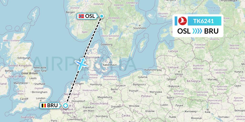 TK6241 Turkish Airlines Flight Map: Oslo to Brussels