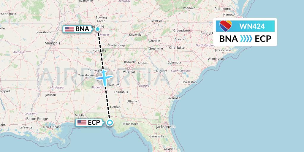 WN424 Southwest Airlines Flight Map: Nashville to Panama City