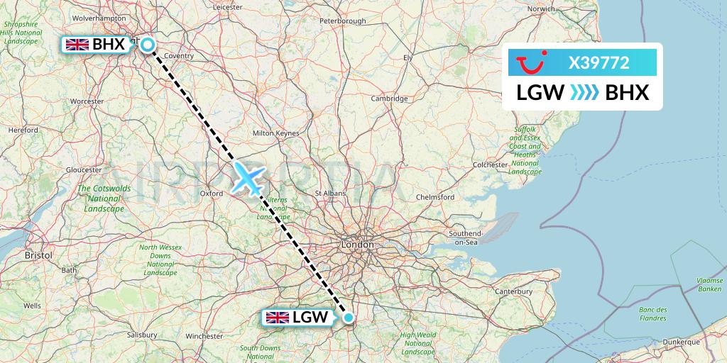 X39772 TUI fly Germany Flight Map: London to Birmingham