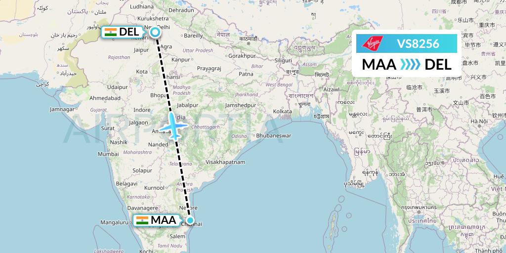 VS8256 Virgin Atlantic Airways Flight Map: Chennai to Delhi