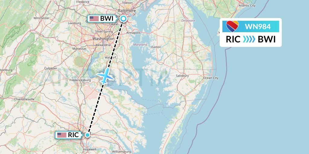 WN984 Southwest Airlines Flight Map: Richmond to Baltimore
