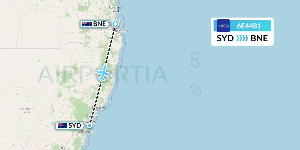 6E4481 IndiGo Airlines Flight Map: Sydney to Brisbane