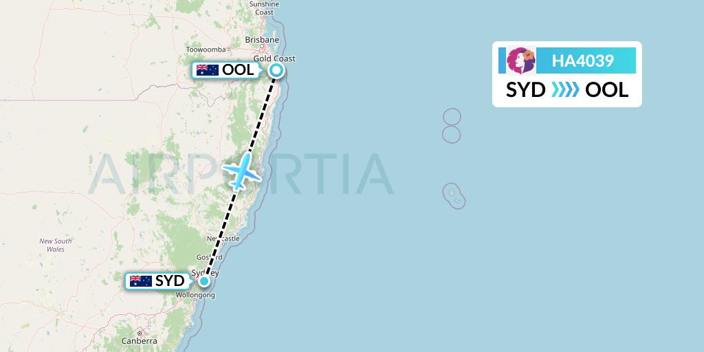 HA4039 Hawaiian Airlines Flight Map: Sydney to Gold Coast