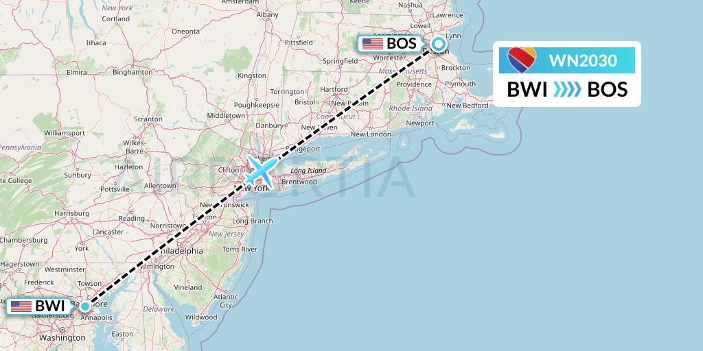 WN2030 Southwest Airlines Flight Map: Baltimore to Boston