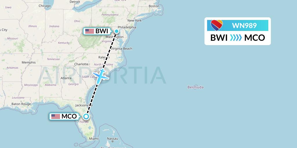 WN989 Southwest Airlines Flight Map: Baltimore to Orlando