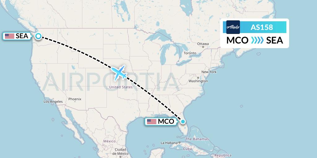 AS158 Alaska Airlines Flight Map: Orlando to Seattle