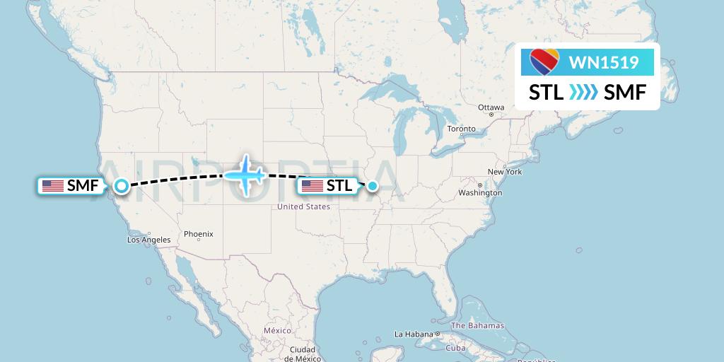 WN1519 Southwest Airlines Flight Map: St. Louis to Sacramento
