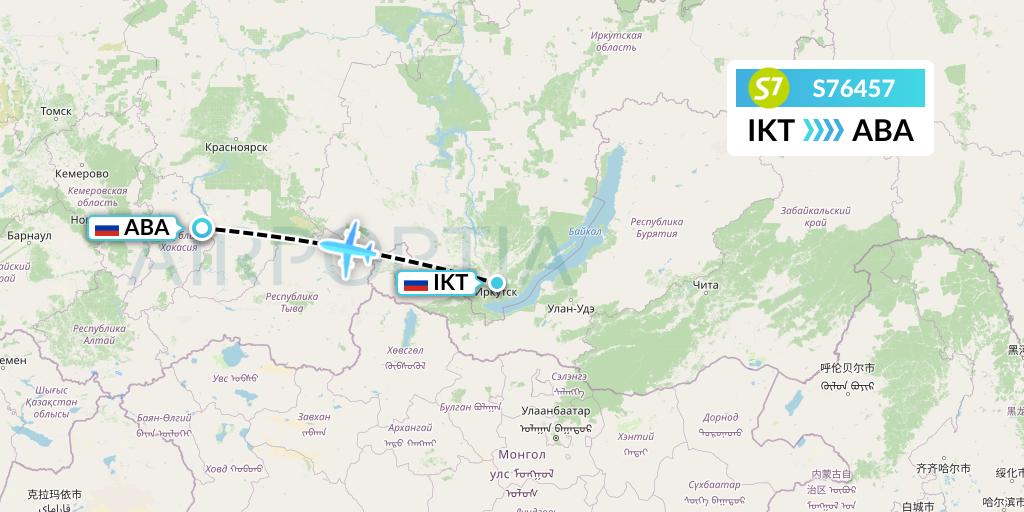 S76457 S7 Airlines Flight Map: Irkutsk to Abakan