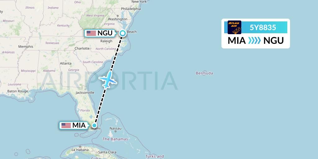 5Y8835 Atlas Air Flight Map: Miami to Norfolk