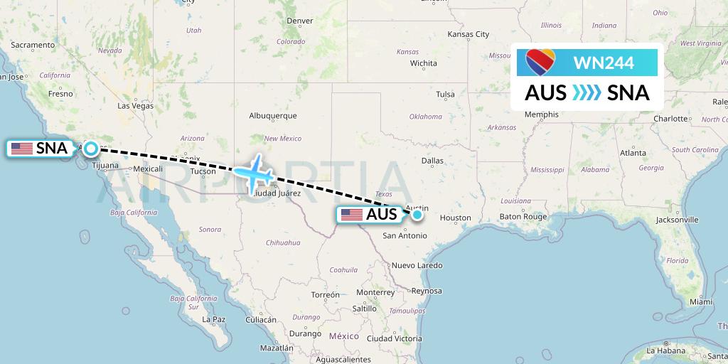 WN244 Southwest Airlines Flight Map: Austin to Orange County