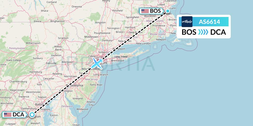 AS6614 Alaska Airlines Flight Map: Boston to Washington