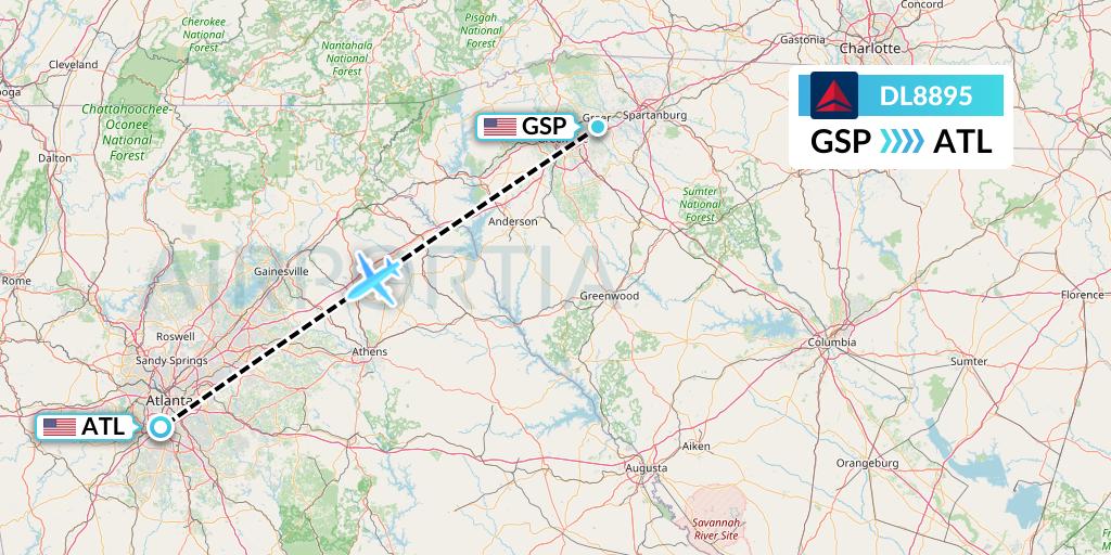 DL8895 Delta Air Lines Flight Map: Greenville-Spartanburg to Atlanta