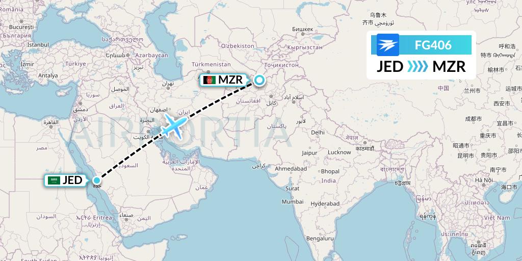 FG406 Ariana Afghan Airlines Flight Map: Jeddah to Mazar-I-Sharif