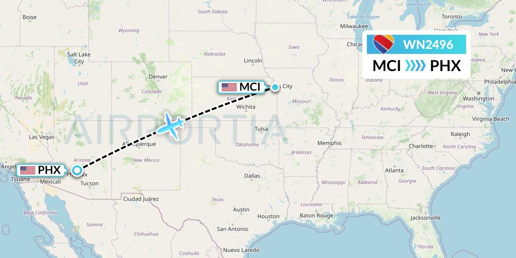 WN2496 Southwest Airlines Flight Map: Kansas City to Phoenix