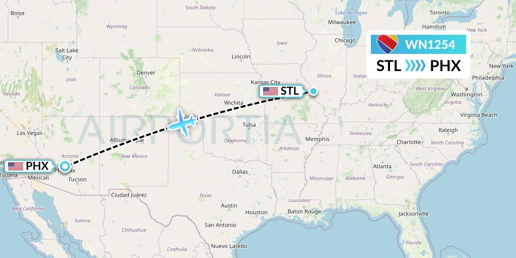 WN1254 Southwest Airlines Flight Map: St. Louis to Phoenix