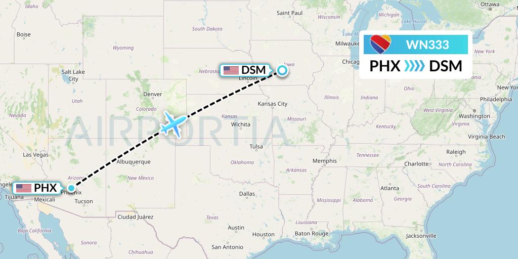 WN333 Southwest Airlines Flight Map: Phoenix to Des Moines