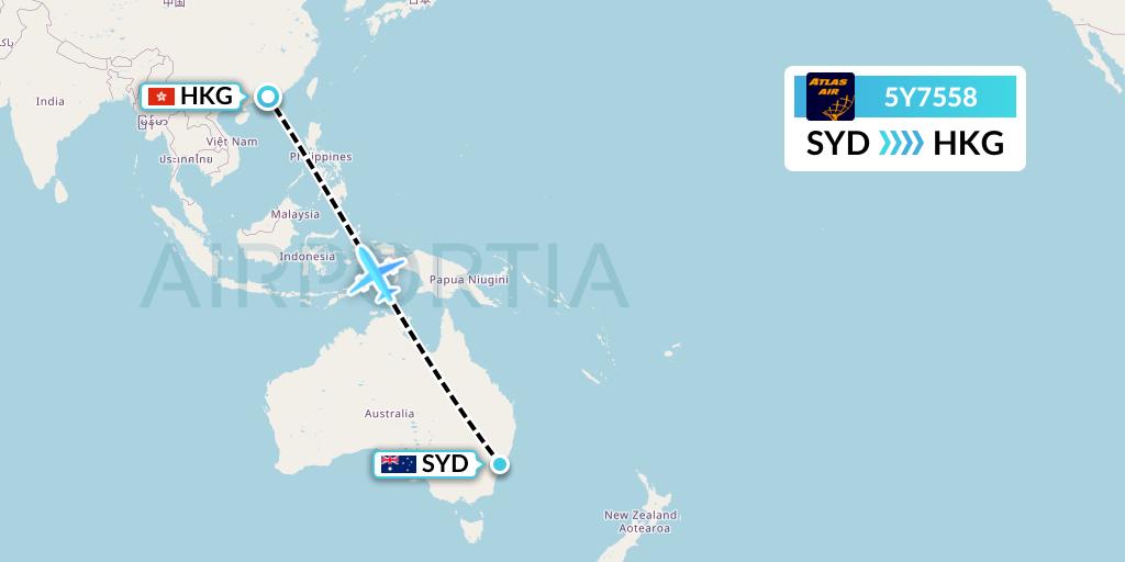 5Y7558 Atlas Air Flight Map: Sydney to Hong Kong