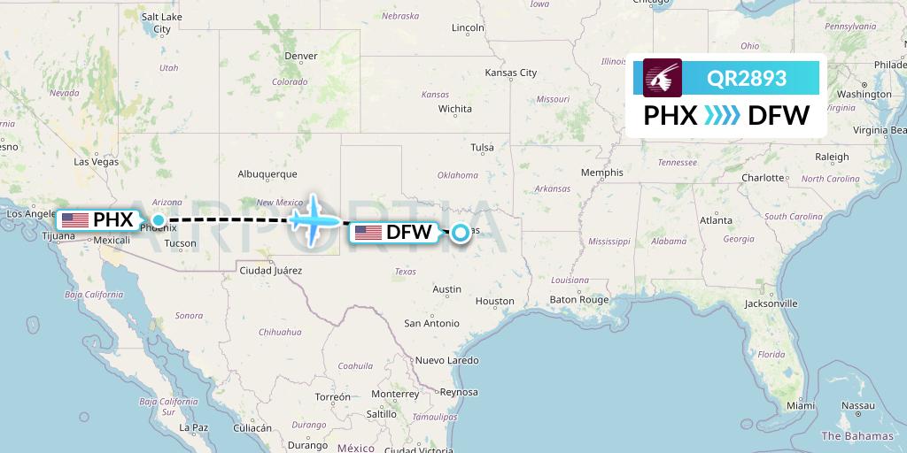 QR2893 Qatar Airways Flight Map: Phoenix to Dallas