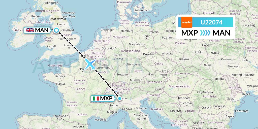 U22074 EasyJet Flight Map: Milan to Manchester