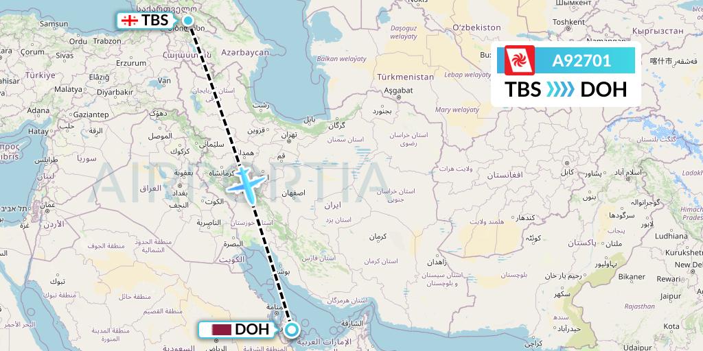 A92701 Georgian Airways Flight Map: Tbilisi to Doha