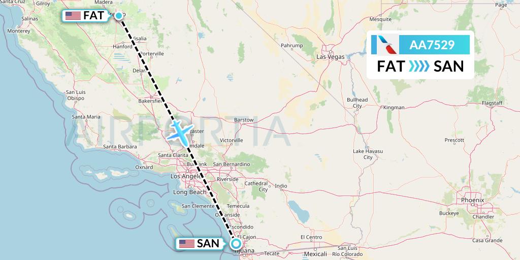 AA7529 American Airlines Flight Map: Fresno to San Diego