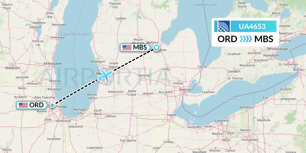 UA4653 United Airlines Flight Map: Chicago to Saginaw