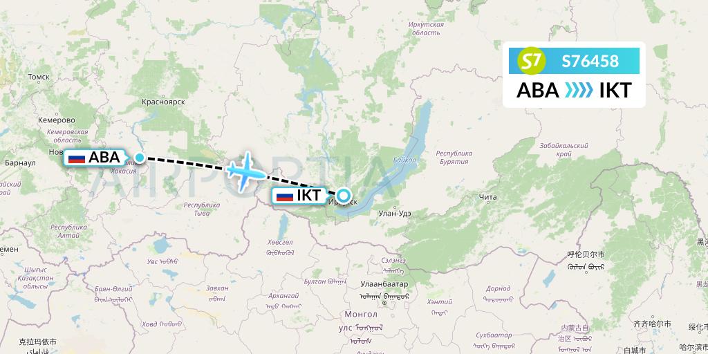 S76458 S7 Airlines Flight Map: Abakan to Irkutsk