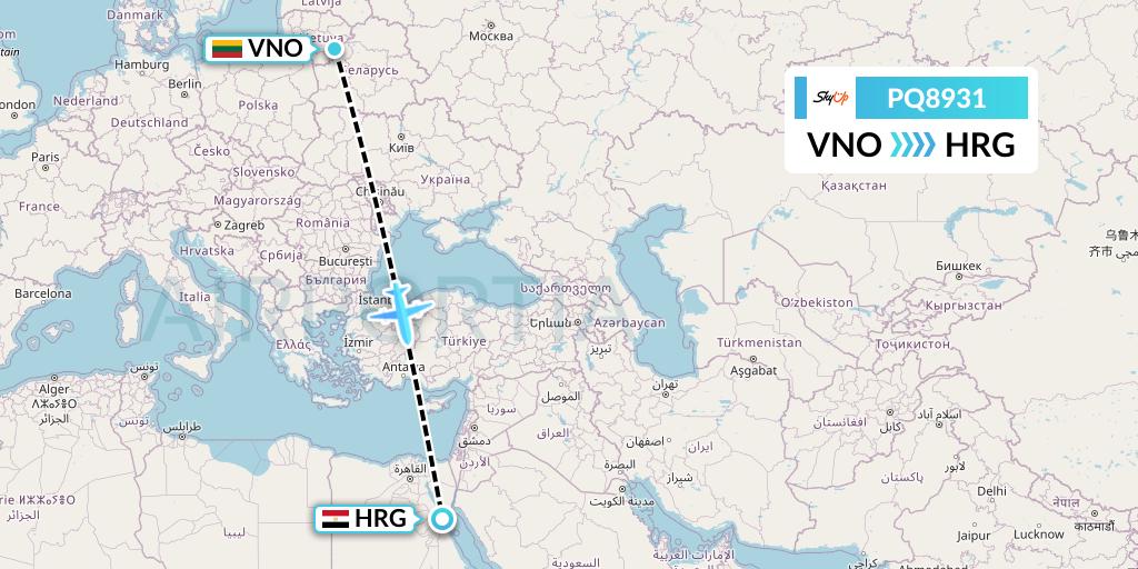 PQ8931 SkyUp Airlines Flight Map: Vilnius to Hurghada