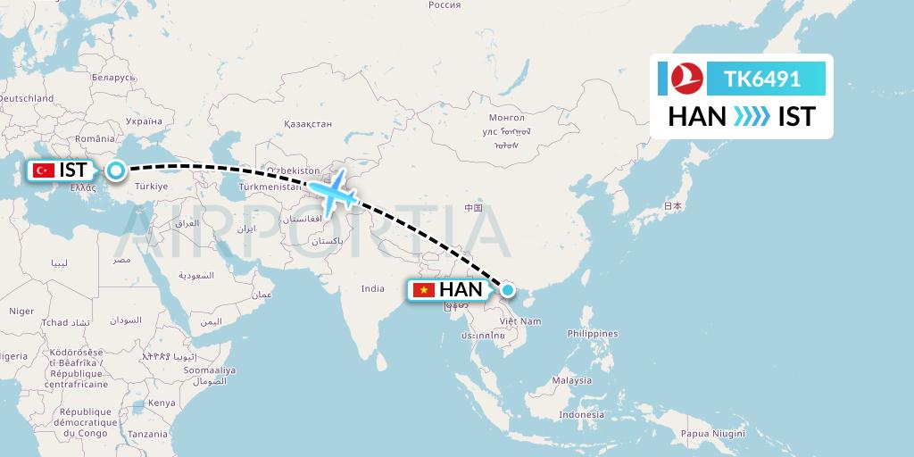 TK6491 Turkish Airlines Flight Map: Hanoi to Istanbul