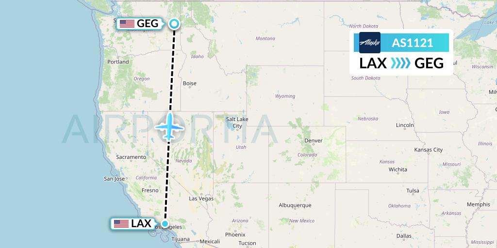 AS1121 Alaska Airlines Flight Map: Los Angeles to Spokane