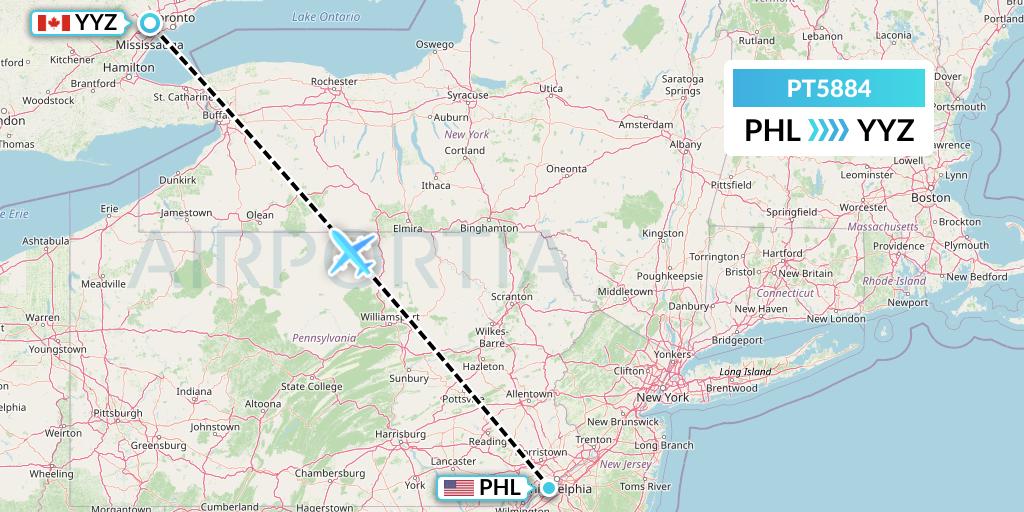 PT5884 Piedmont Airlines Flight Map: Philadelphia to Toronto