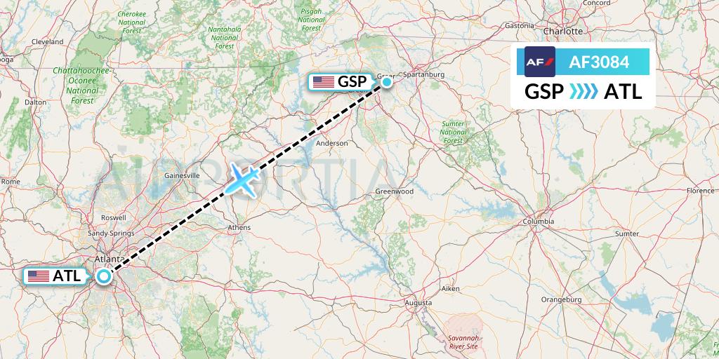 AF3084 Air France Flight Map: Greenville-Spartanburg to Atlanta
