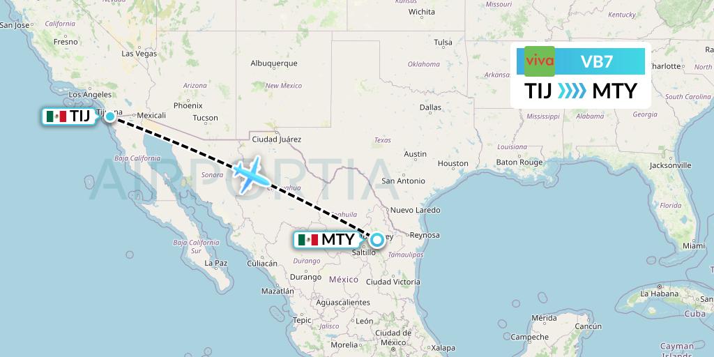 VB7 VivaAerobus Flight Map: Tijuana to Monterrey