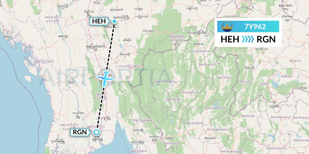 7Y962 Mann Yadanarpon Airlines Flight Map: Heho to Yangon