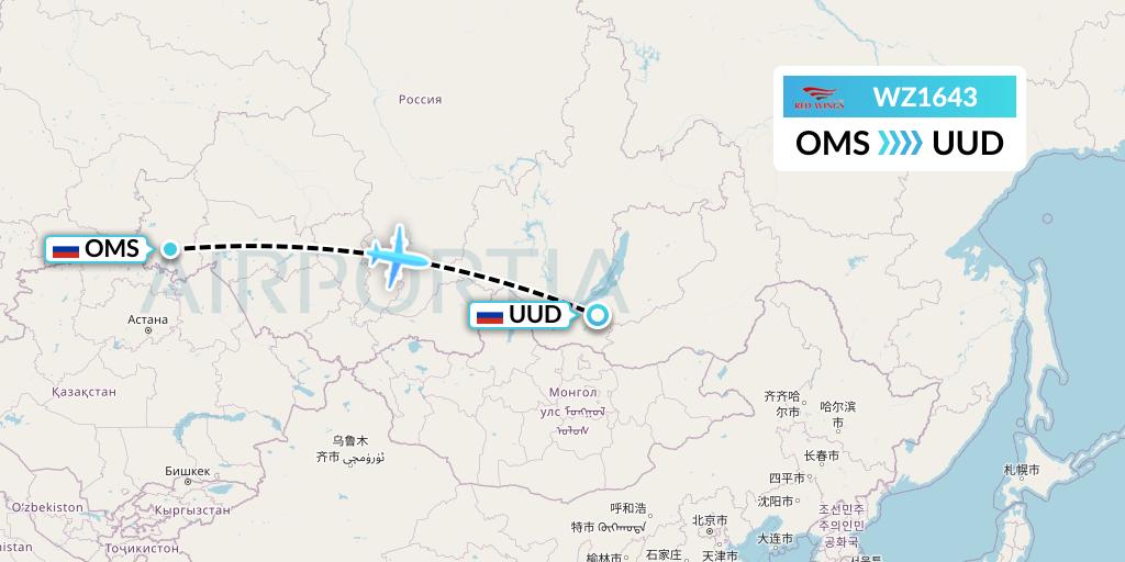 WZ1643 Red Wings Flight Map: Omsk to Ulan-Ude