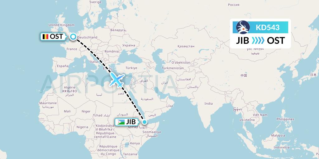 KD543 KalStar Aviation Flight Map: Djibouti to Ostend