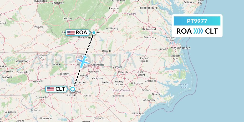 PT9977 Piedmont Airlines Flight Map: Roanoke to Charlotte