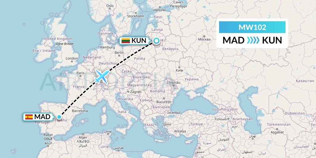 MW102 Mokulele Flight Service Flight Map: Madrid to Kaunas