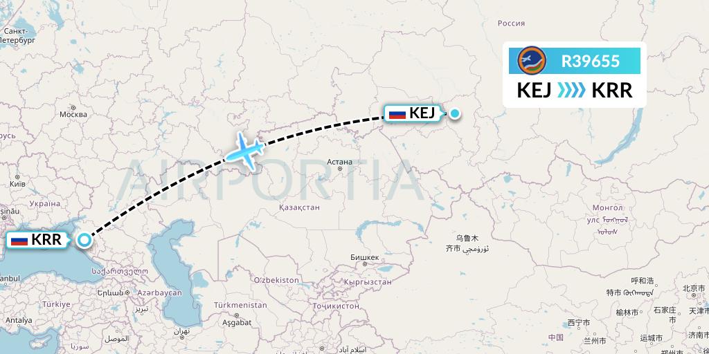 R39655 Yakutia Airlines Flight Map: Kemerovo to Krasnodar