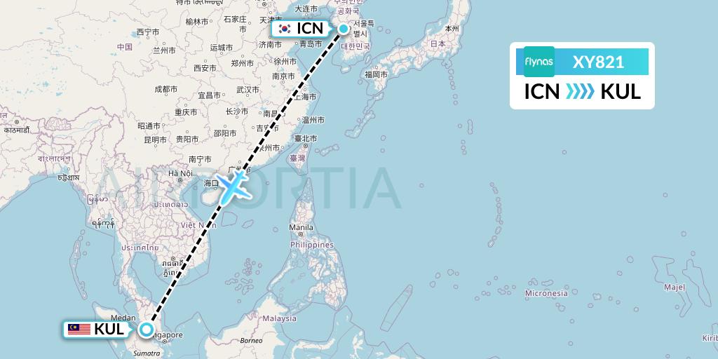 XY821 Flynas Flight Map: Seoul to Kuala Lumpur