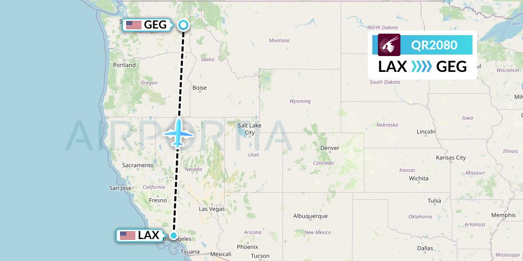 QR2080 Qatar Airways Flight Map: Los Angeles to Spokane