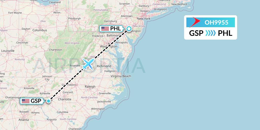 OH9955 PSA Airlines Flight Map: Greenville-Spartanburg to Philadelphia