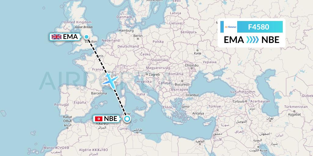 F4580 Air Flamenco Flight Map: East Midlands to Enfidha