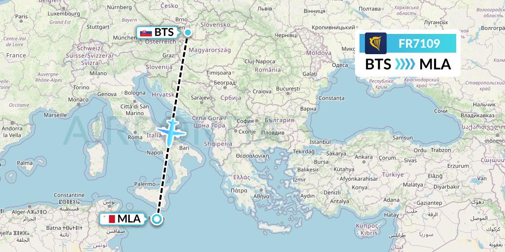 FR7109 Ryanair Flight Map: Bratislava to Malta