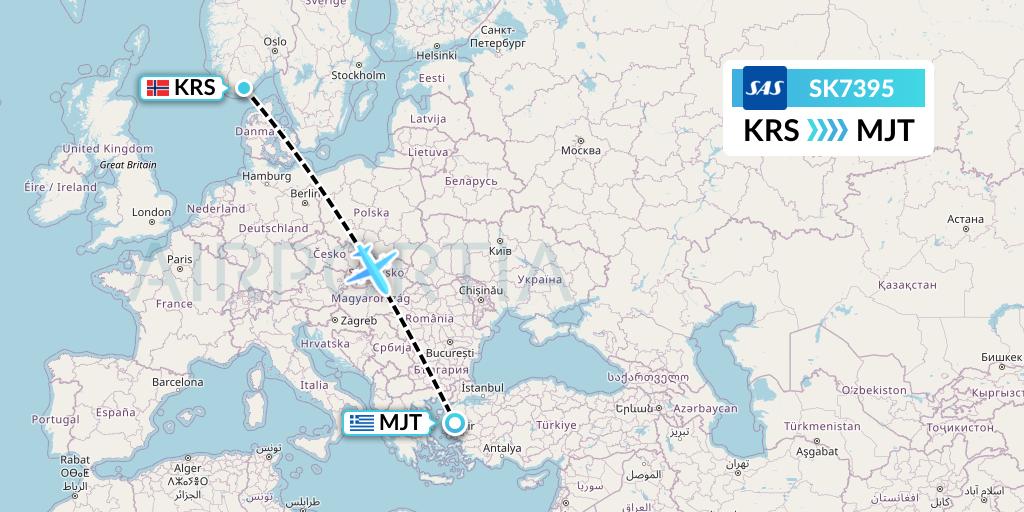 SK7395 SAS Flight Map: Kristiansand to Mytilene