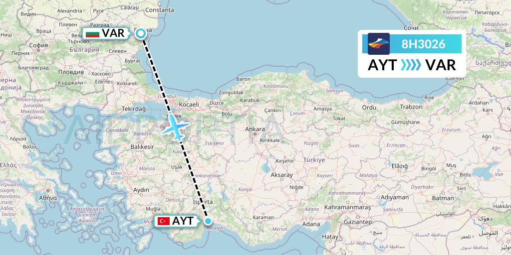8H3026 BH Air Flight Map: Antalya to Varna