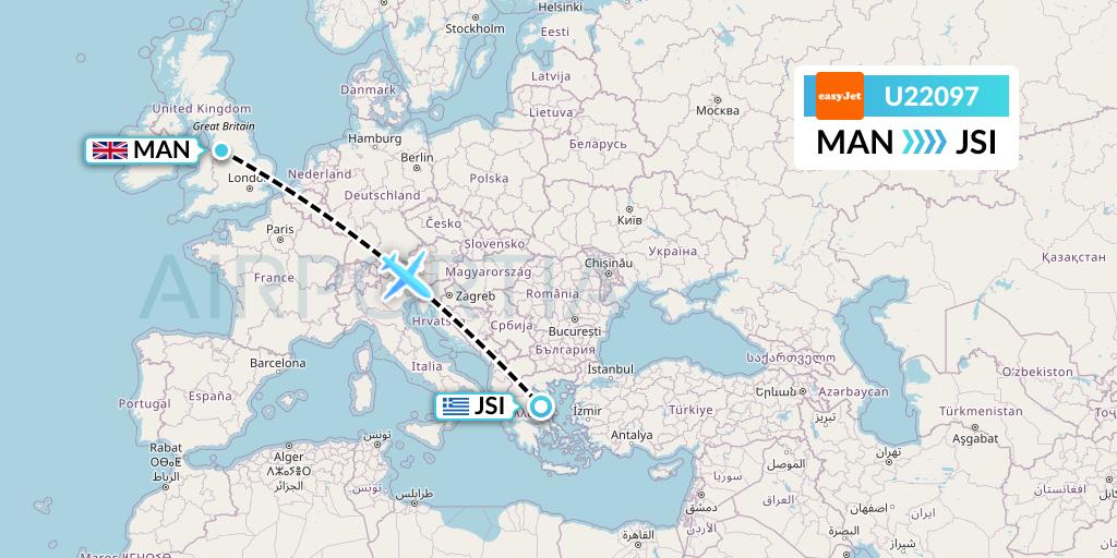 U22097 EasyJet Flight Map: Manchester to Skiathos