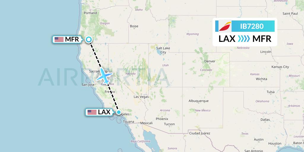 IB7280 Iberia Flight Map: Los Angeles to Medford