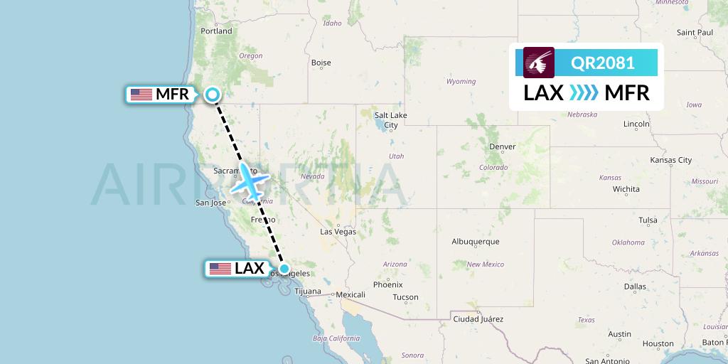 QR2081 Qatar Airways Flight Map: Los Angeles to Medford