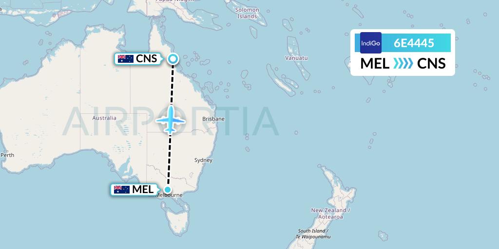 6E4445 IndiGo Airlines Flight Map: Melbourne to Cairns